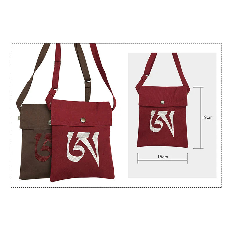 Buddha Stones Handmade OM Mantra Embroidered Spiritual Mind Practice Cotton Crossbody Bag Shoulder Bag Cellphone Bag
