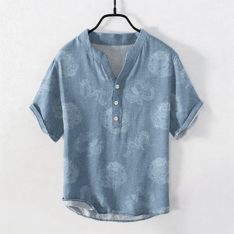 Buddha Stones Cotton Dragon Print Men's Short Sleeve Half Button Shirt