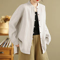 Buddha Stones Solid Color Front Buttons Design Long Sleeve Women's Cotton Linen Shirt