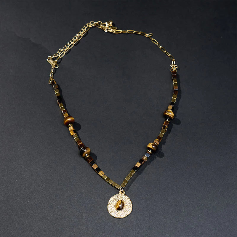 Buddha Stones Natural Tiger Eye Square Protection Titanium Steel Necklace Pendant
