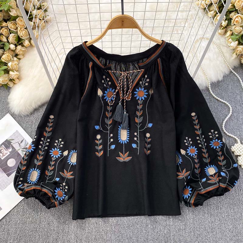 Buddha Stones Casual Embroidery Flower Leaf Pattern Women's Cotton Linen Round Neck T-shirt