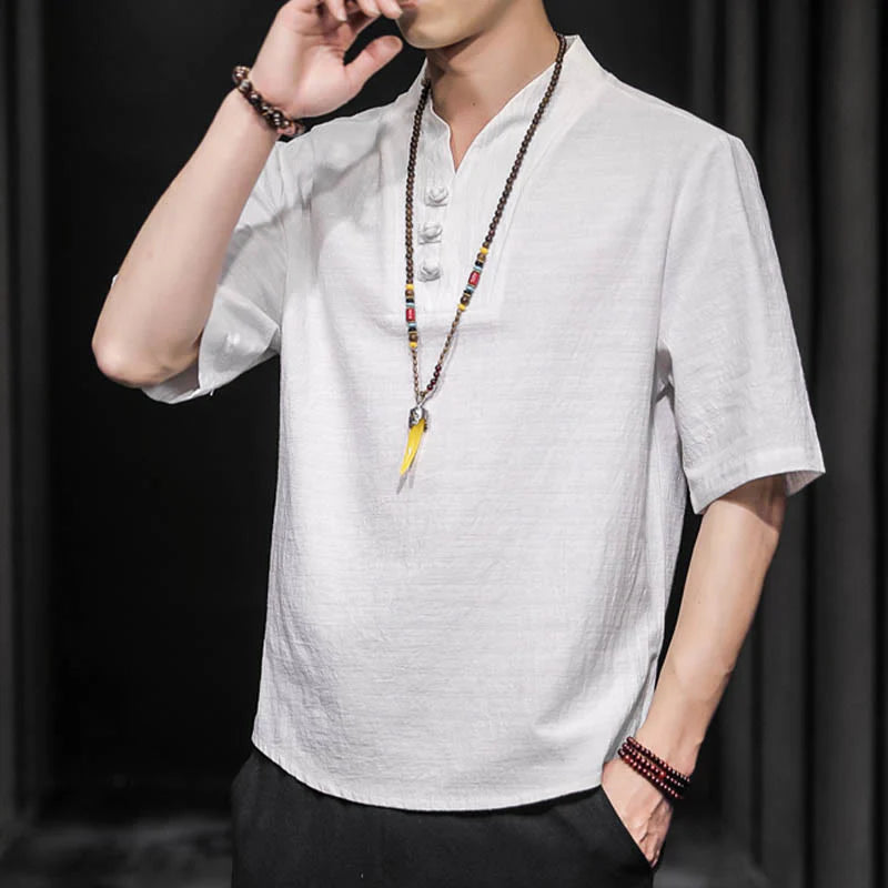 Buddha Stones Casual Summer Half Sleeve Shirt Cotton Men Clothing