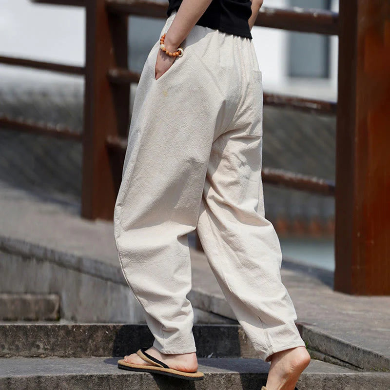 Buddha Stones Summer Plain One Chinese Frog-Button Straight Leg Design Men's Cotton Linen Pants With Pockets