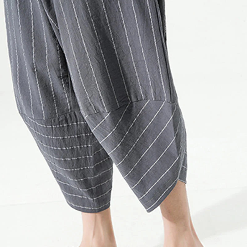 Buddha Stones Casual Plain Stripes Pattern Drawstring Men's 7-8 Length Cotton Linen Harem Pants With Pockets