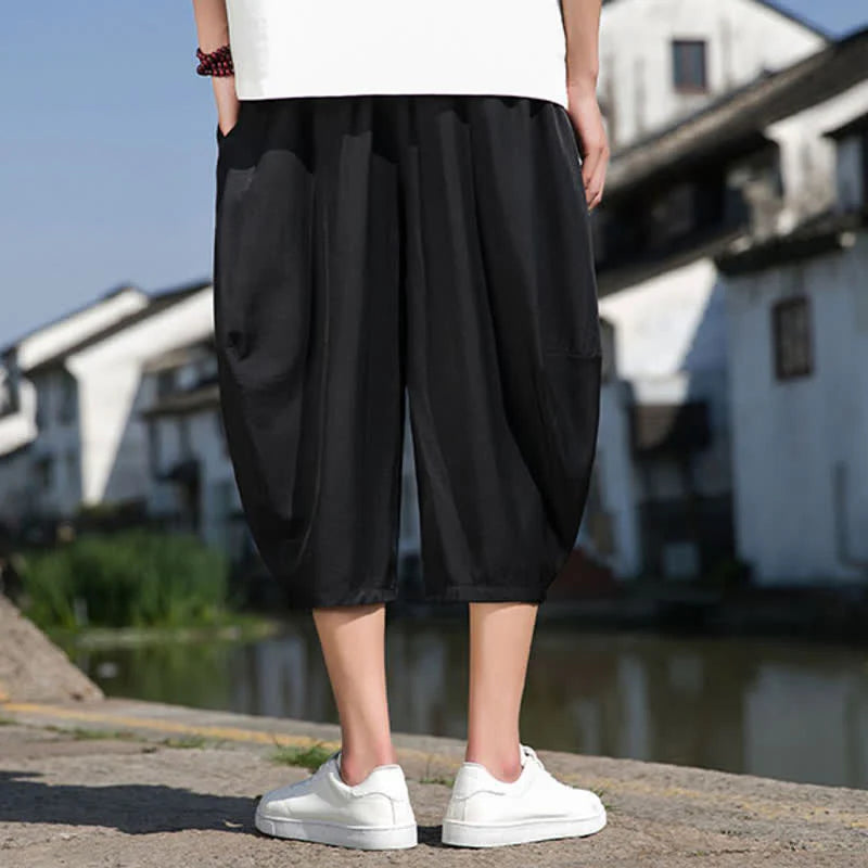 Buddha Stones Summer Elastic Waist Drawstring Solid Color Half Men's Tapered Pants With Pockets