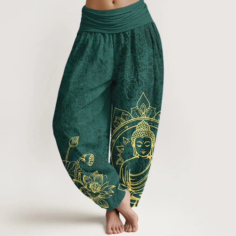 Buddha Stones Pure Cotton Classical Lotus Flower Seedpod Leaf Buddha Pattern Women's Elastic Waist Harem Pants