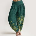 Buddha Stones Pure Cotton Classical Lotus Flower Seedpod Leaf Buddha Pattern Women's Elastic Waist Harem Pants