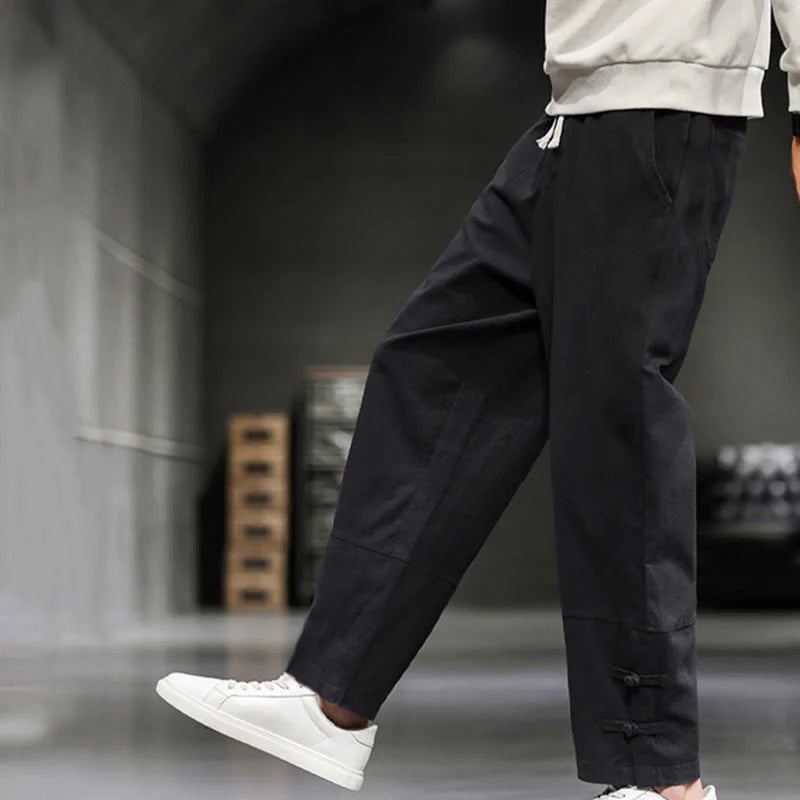 Buddha Stones Drawstring Elastic Waist Frog-Button Ankle-Length Men's Cotton Pants With Pockets