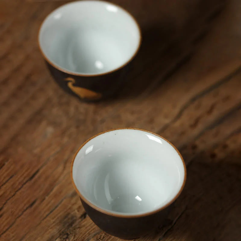 Buddha Stones Small Hand-painted Golden Crane Ceramic Teacup Kung Fu Tea Cup 40ml