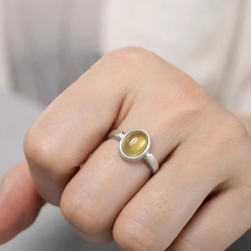 Buddha Stones Natural 925 Sterling Silver Prehnite Citrine Adjustable Happiness Ring