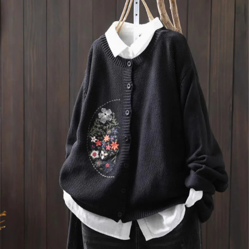 Buddha Stones Floral Embroidery Buttons Cotton Women's Long Sleeve Knitted Cardigan Sweater