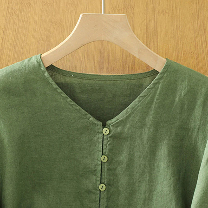 Buddha Stones Solid Buttons V-Neck Half Sleeve Women's Shirt