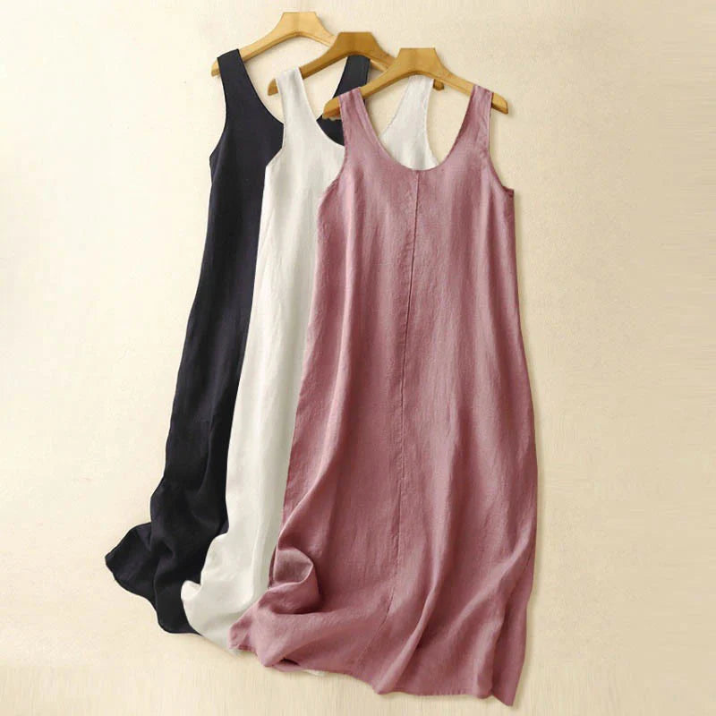 Buddha Stones Summer Daily Casual Pure Color Crew Neck Simple Design Sleeveless Midi Dress With Pockets