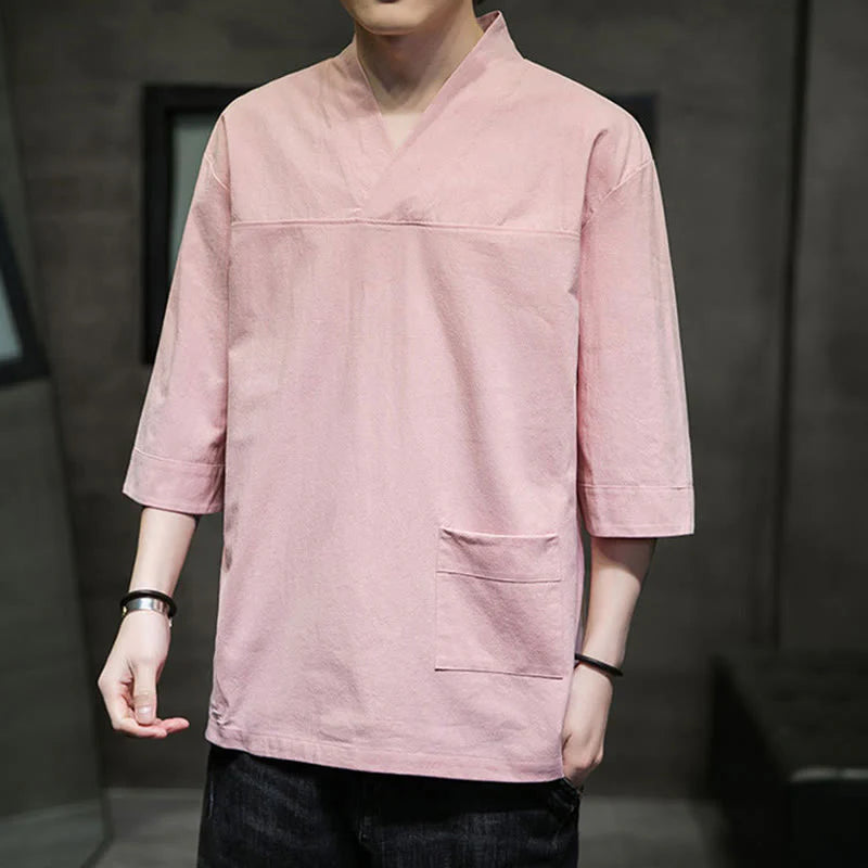 Buddha Stones Summer Casual Simple V-Neck Design Men's Cotton Linen Three Quarter Sleeve T-Shirt With Front Pocket
