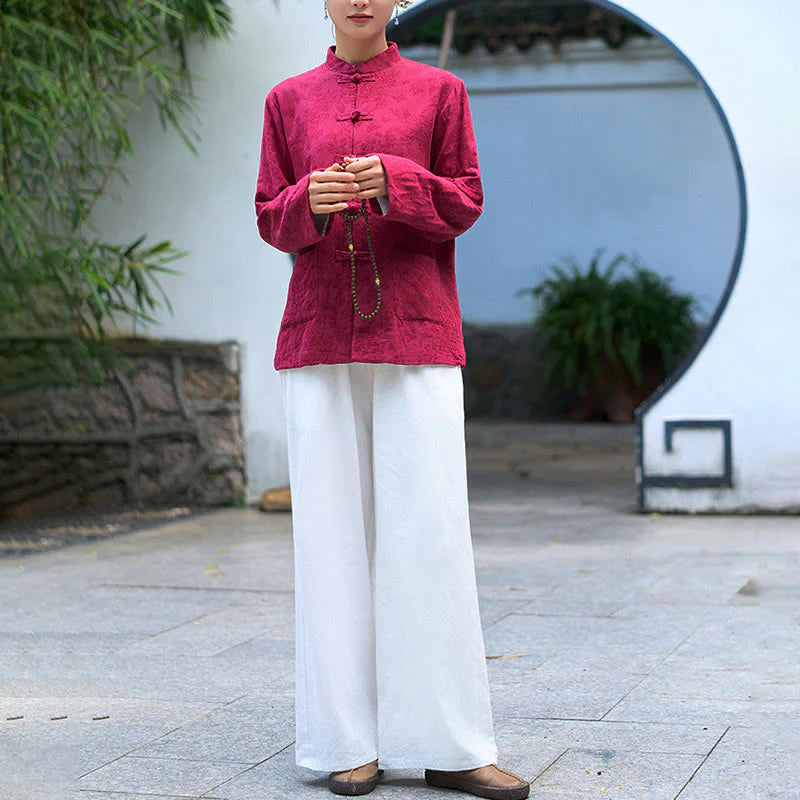 Buddha Stones Frog-Button Long Sleeve Cotton Jacquard Women's Shirt Pants With Pockets