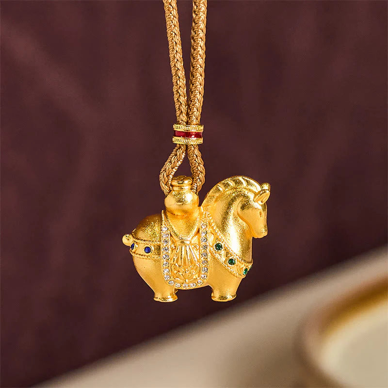 Buddha Stones Year Of The Horse 24k Gold Plated Brass Rope Cord Necklace Pendant