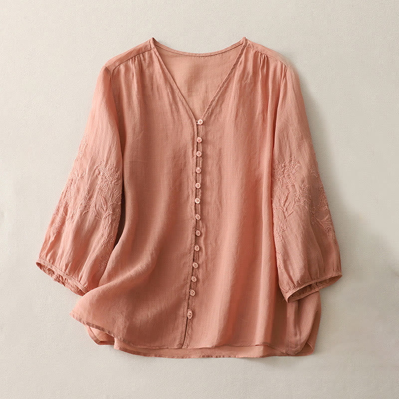 Buddha Stones Embroidery Button-down Women's Cotton Linen Shirt