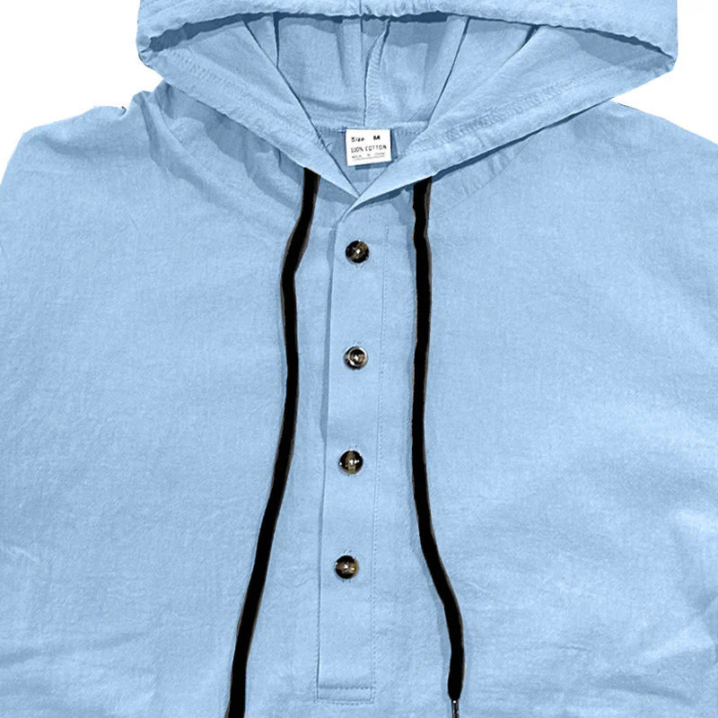 Buddha Stones Solid Color Fall Half Buttons Men's Hooded Long Sleeve Cotton Shirt