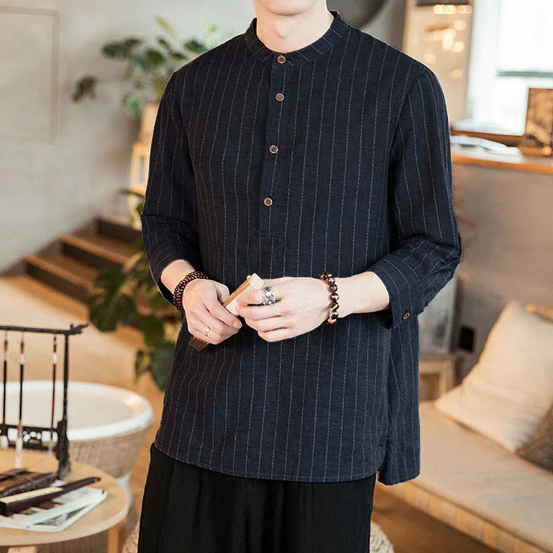 Buddha Stones Plaid Half Buttons Stand Collar Three Quarter Sleeve Cotton Men's Shirt