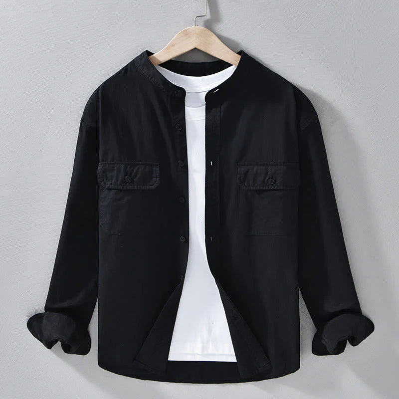 Buddha Stones Crew Neck Solid Color Men's Long Sleeve Cotton Thickened Jacket With Pockets