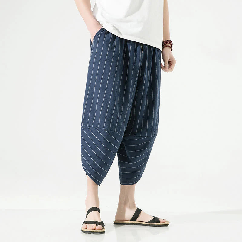 Buddha Stones Casual Plain Stripes Pattern Drawstring Men's 7-8 Length Cotton Linen Harem Pants With Pockets