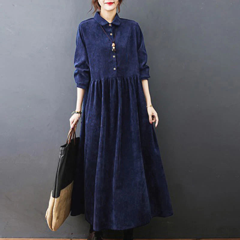 Buddha Stones Fall Buttons Design Long Sleeve Cotton Corduroy Midi Dress With Pockets