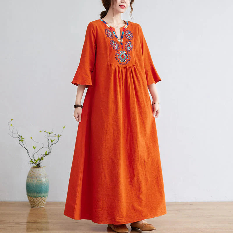 Buddha Stones Loose Plain Ethnic Embroidery Floral Pattern Three Quarter Sleeve Cotton Linen Maxi Dress