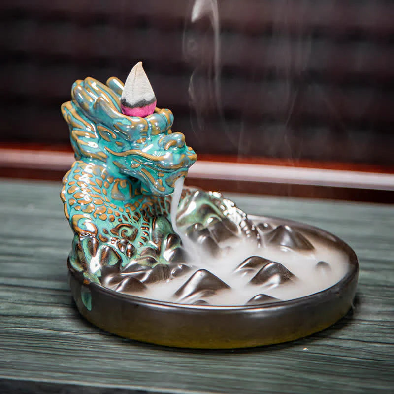 Dragon Pattern Ceramic Backflow Smoke Fountain Incense Burner Decoration (Extra 35% Off | USE CODE: FS35)