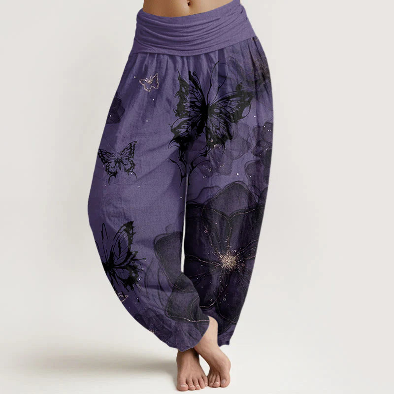 Buddha Stones Cotton Butterfly Flowers Pattern Women's Elastic Waist Harem Pants