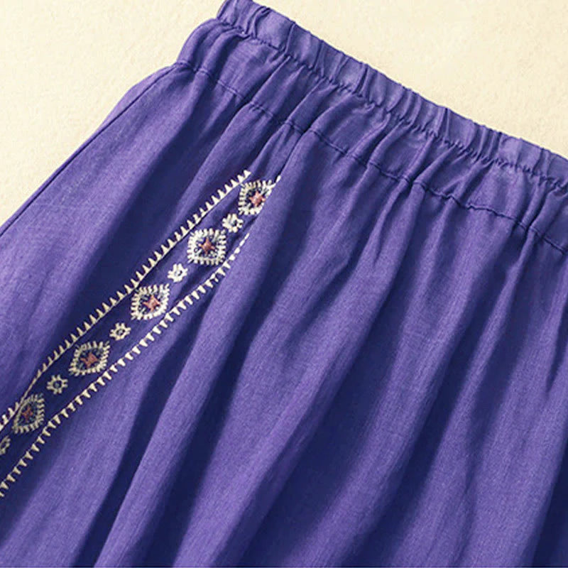 Buddha Stones Ethnic Vintage Embroidery Button Design Women's Cotton Linen 7-8 Length Skirt