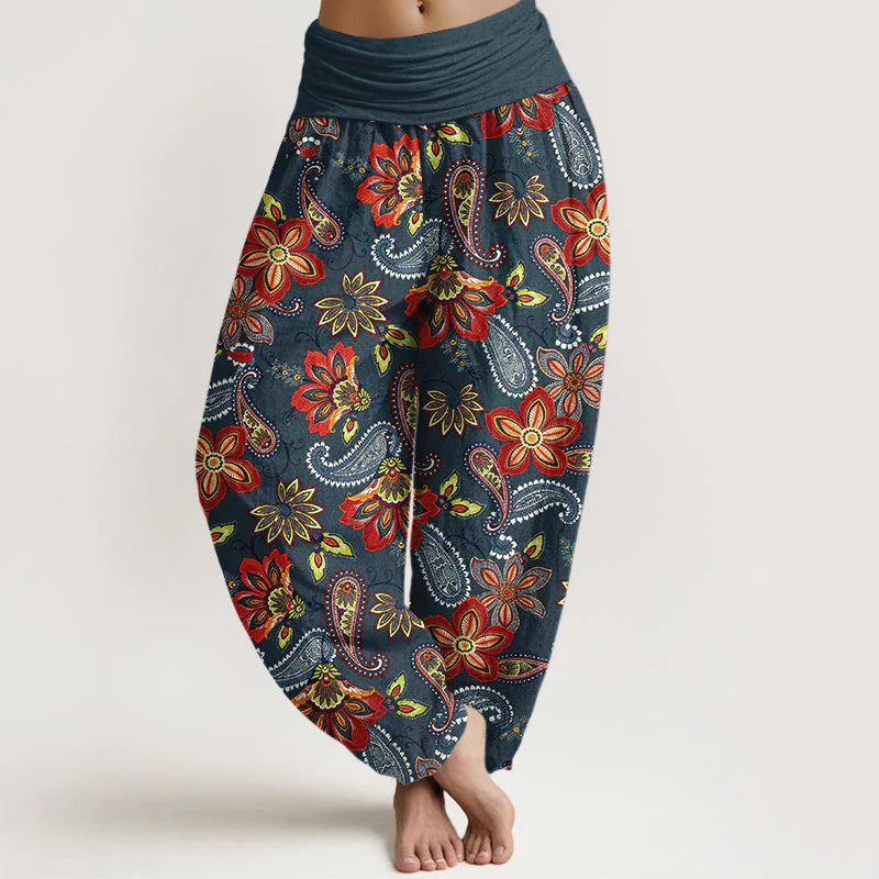Buddha Stones Women's Elastic Waist Paisley Floral Pattern Pure Cotton Harem Pants