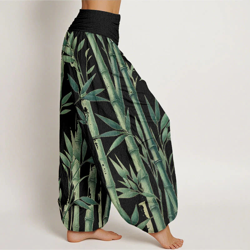 Buddha Stones Cotton Casual Bamboo Leaves Pattern Women's Elastic Waist Harem Pants