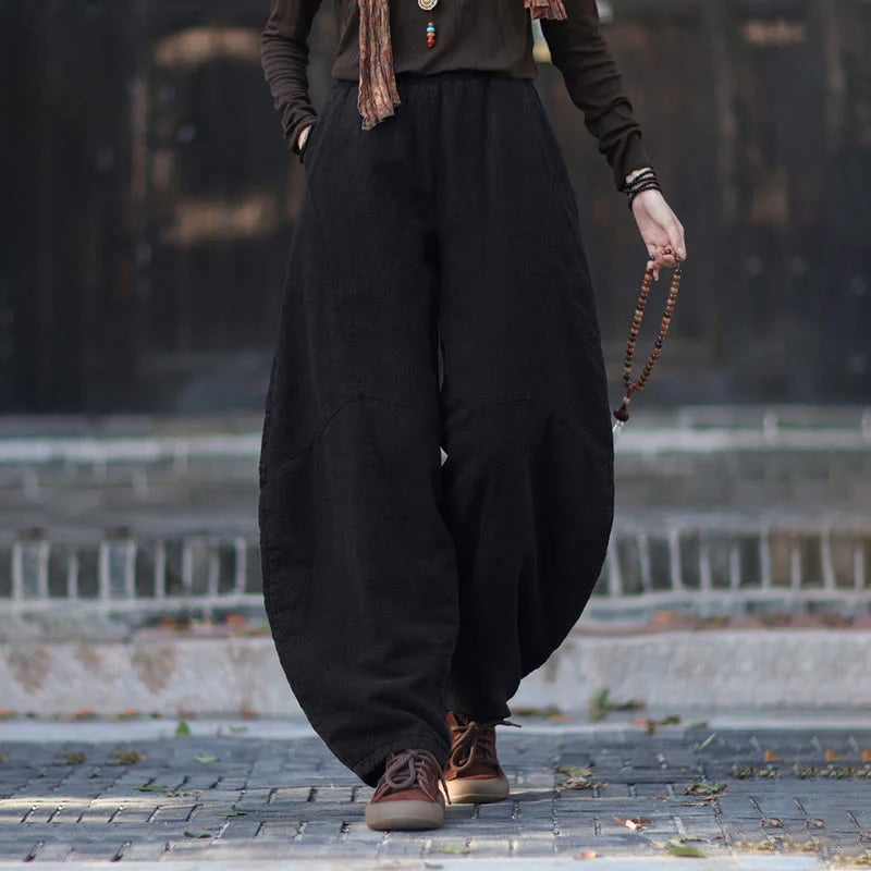 Buddha Stones Winter Elastic Waist Ramie Cotton Thermal Women's Pants With Pockets