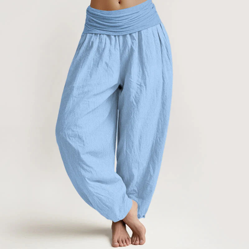 Buddha Stones Pure Cotton Light Sky Blue Women's Elastic Waist Harem Pants