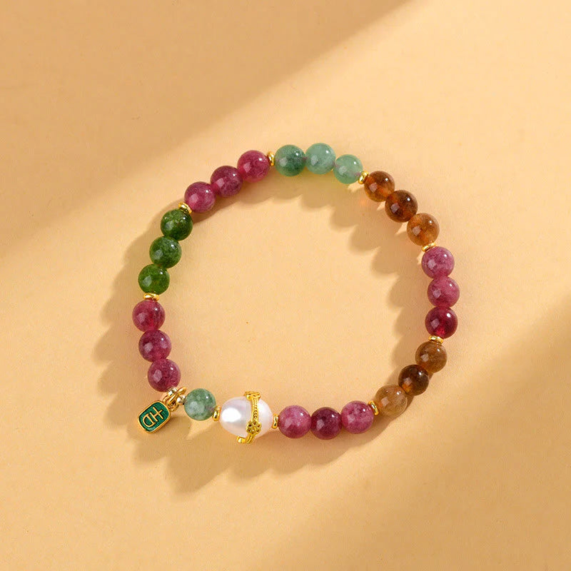 Buddha Stones Natural Multicolored Tourmaline Pearl Auspicious Character Charm Wisdom Bracelet (Extra 35% Off | USE CODE: FS35)