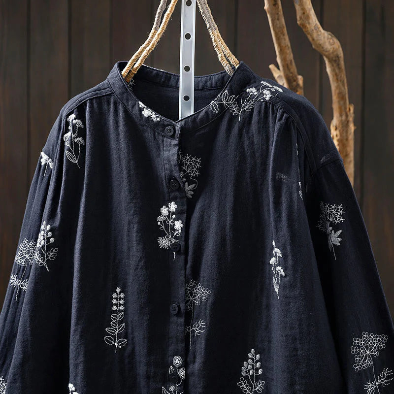 Buddha Stones Floral Embroidery Buttons Down Long Sleeve Women's Cotton Shirt