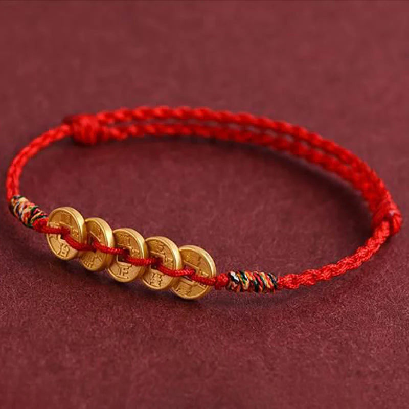 Buddha Stones Five Copper Coins Design Braided String Protection Bracelet Anklet