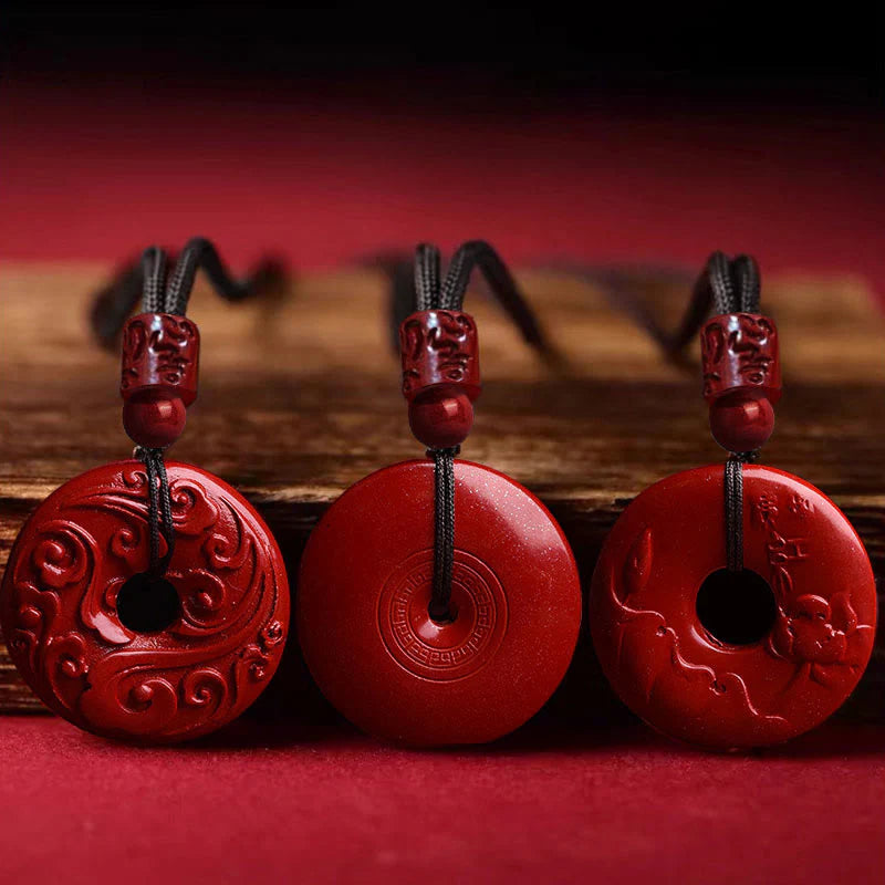 Buddha Stones Natural Cinnabar Lotus Peace Buckle Blessing Necklace String Pendant