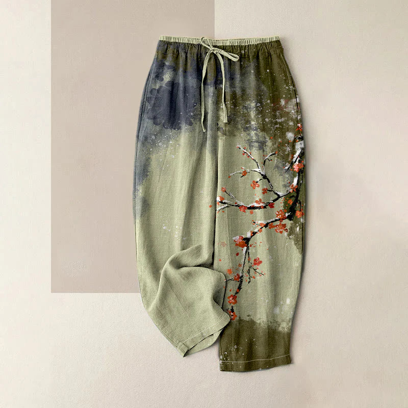 Buddha Stones Pure Cotton Plum Blossom Snow Pattern Women's Elastic Waist Pants With Pockets
