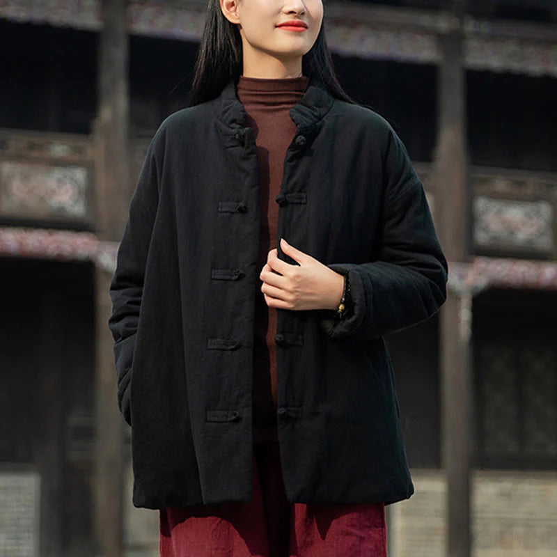 Buddha Stones Winter Solid Frog-Button Long Sleeve Cotton Women's Thermal Jacket With Pockets