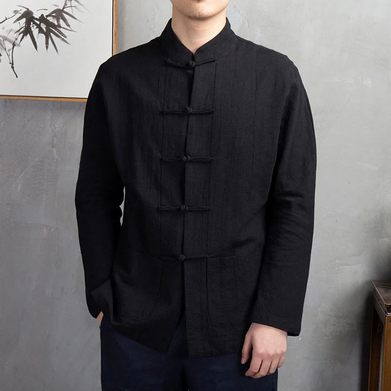 Buddha Stones Solid Color Casual Frog-button Men's Shirt Clothing