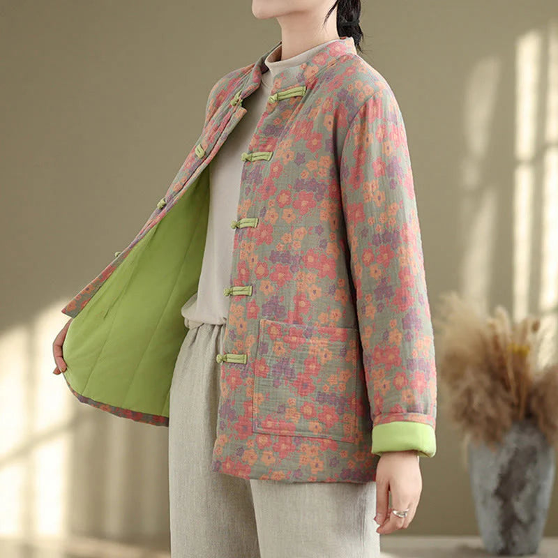 Buddha Stones Women's Winter Thicken Cotton Floral Pattern Long Sleeve Jacket With Pockets