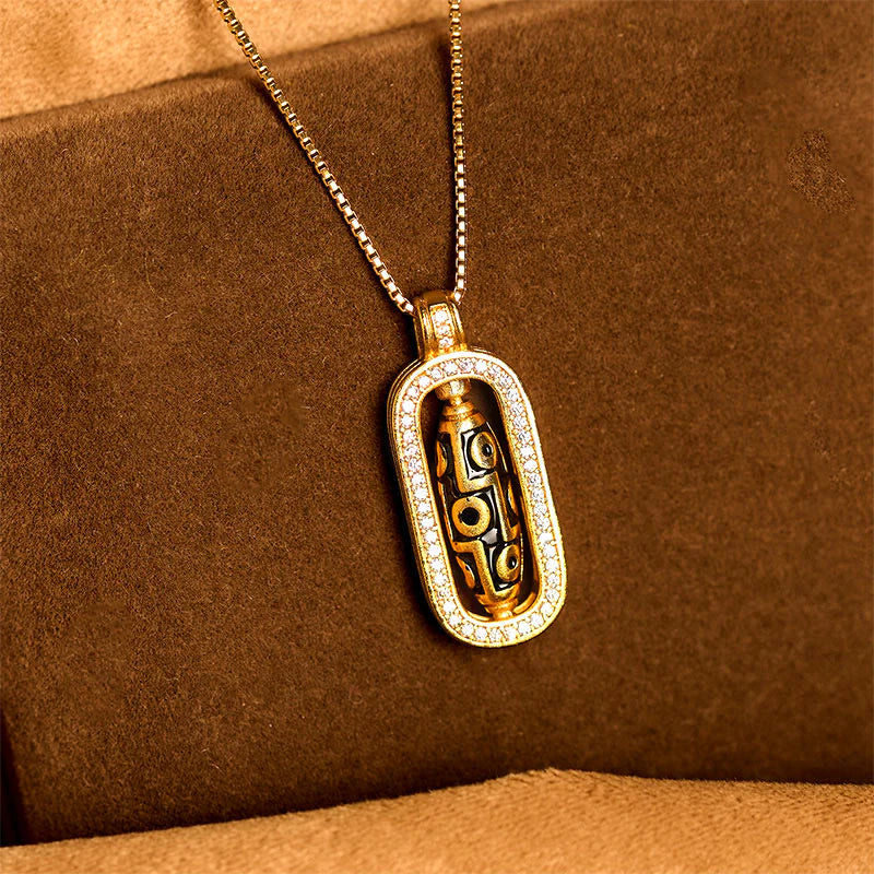Buddha Stones 24k Gold Plated Brass Nine-eye Dzi Bead Auspicious Pattern Wealth Pendant Necklace
