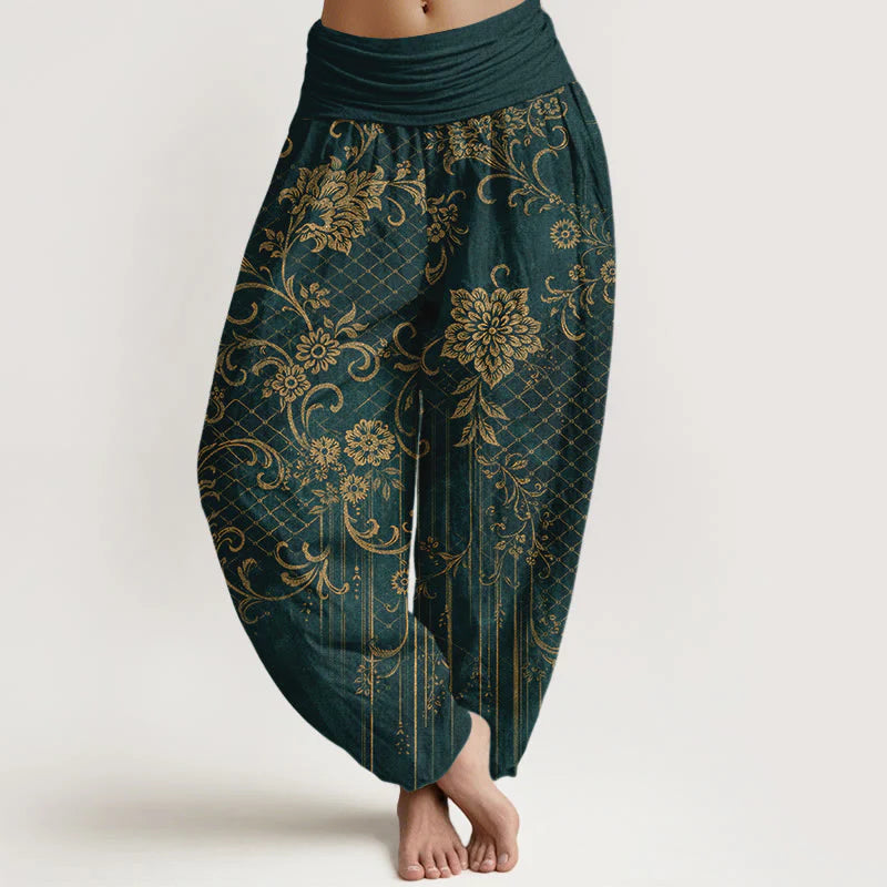 Buddha Stones Pure Cotton Classical Flower Leaf Vine Pattern Women's Elastic Waist Harem Pants