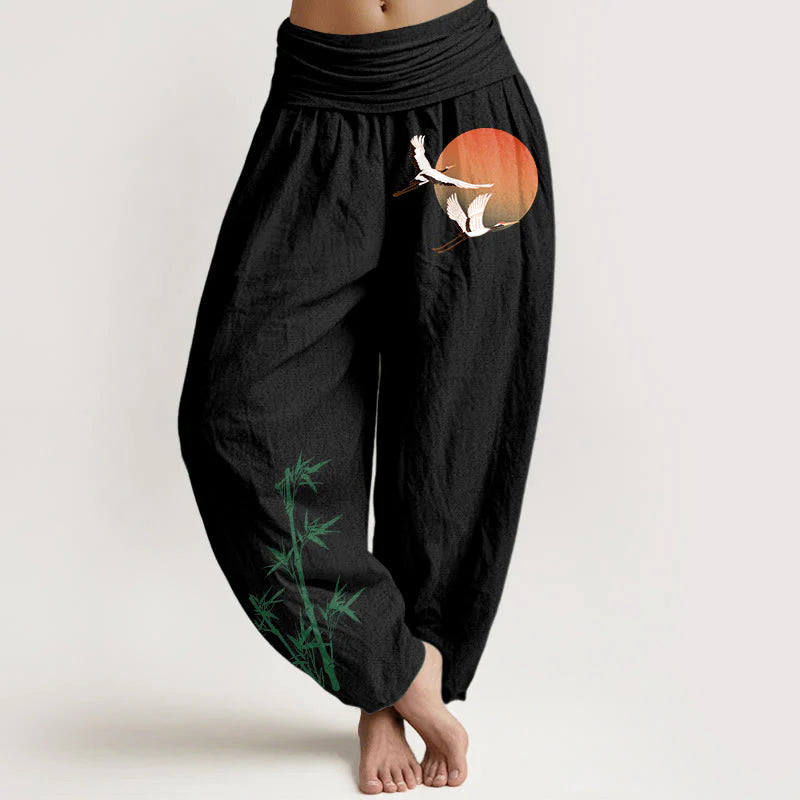 Buddha Stones Pure Cotton Elegant Sun Crane Bamboo Pattern Women's Elastic Waist Harem Pants