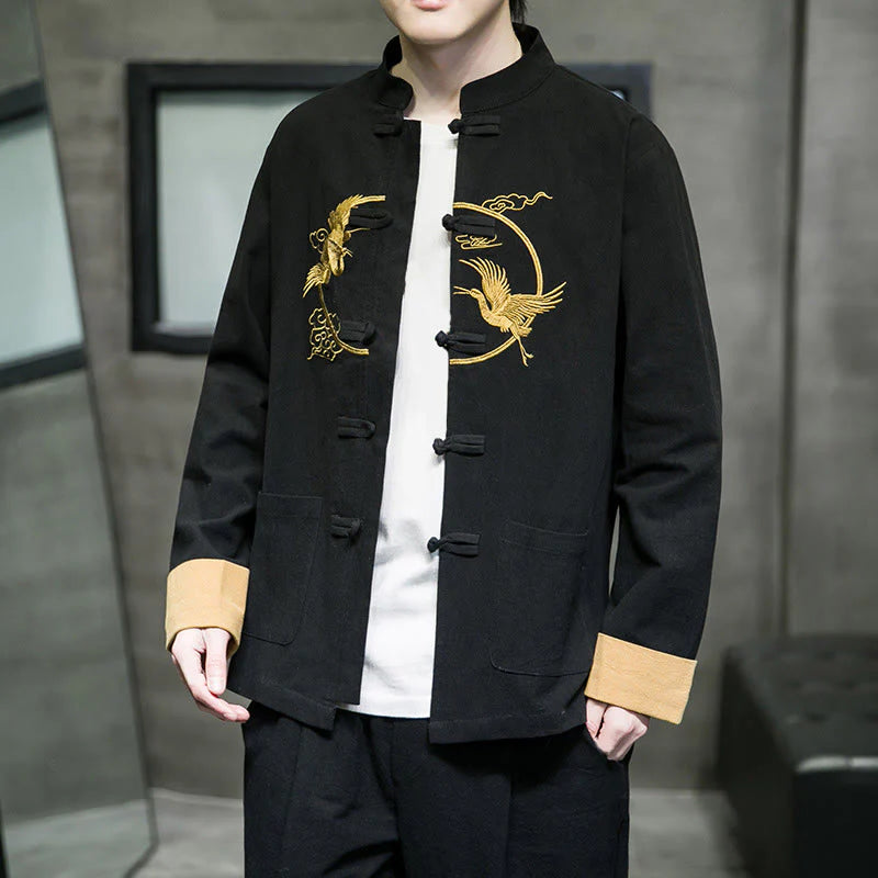 Buddha Stones Embroidery Cranes Pattern Frog-Button Men's Cotton Long Sleeve Jacket With Pockets