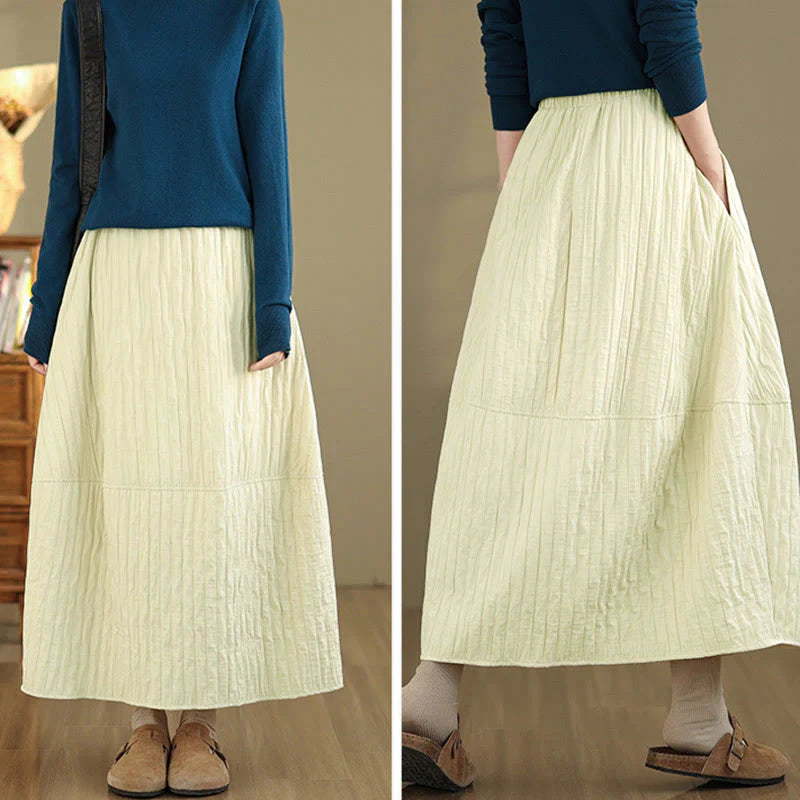 Buddha Stones Plain Pleats Design Elastic Waist Women's Thermal Skirt With Pockets
