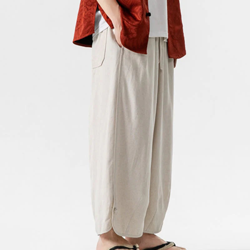 Buddha Stones Casual Loose Frog-Button Plain Men's Cotton Linen 7-8 Length Pants With Pockets