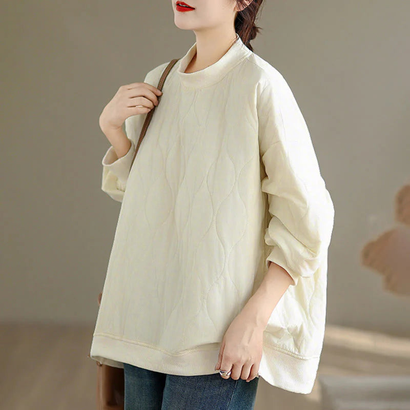 Buddha Stones Fall Solid Curved design Crew Neck Long Sleeve Women's Cotton Sweatshirt With Pockets