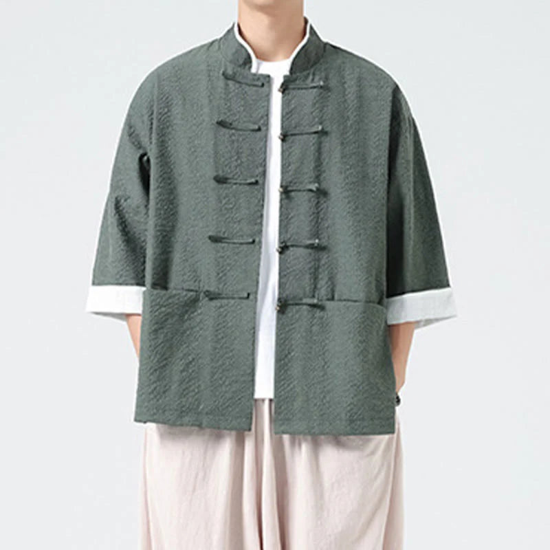 Buddha Stones Spring Solid Color Three Quarter Sleeve Tang Suit Men's Buttons Shirt With Pockets